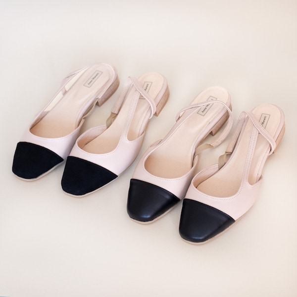 Julla - leather flats,two-tone flats,beige with black shoes,leather slingback,closed toe slingback,black toe shoes,women shoes,women flats