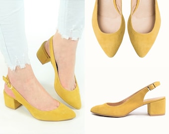 Mila - leather block heels,Pointed toe slingback,Wedding shoes,Yellow block heels,Closed toe slingback,Green block heels,Camel block heels