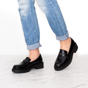 Liza - platform loafers,Leather loafers,Women shoes,Black platform women shoes,Chunky platform loafers,Black loafers,Green suede loafers