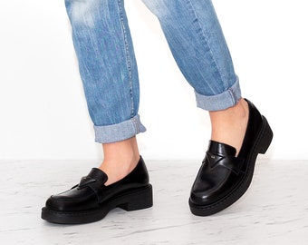 Liza - platform loafers,Leather loafers,Women shoes,Black platform women shoes,Chunky platform loafers,Black loafers,Green suede loafers