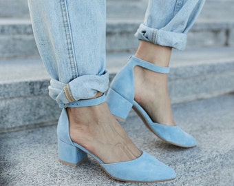 powder blue block heels