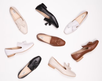 Mada - 8 US black moccasins, leather loafers Women white loafers Women slip ones Black loafers Women loafers Flat women shoes White loafers