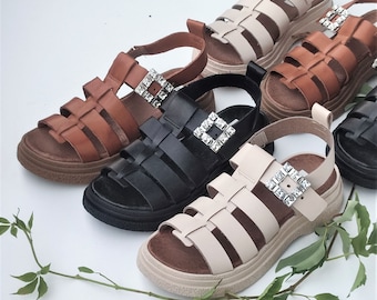 Pola - ready to ship size 8 US, platform sandals,leather sandals,greek sandals,rhinestones sandals,black women sandals,brown sandals,shoes