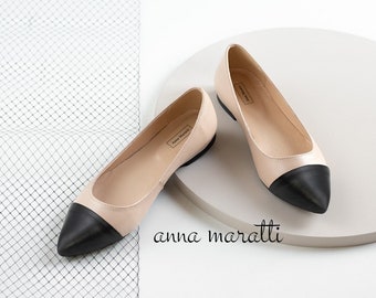 Tilla - two-tone flats,pointed toe flats,beige with black shoes,black toe shoes,women leather shoes,women flats,pointy toe women shoes