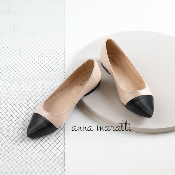 Tilla Two-tone Flats,pointed Toe Flats,beige With Black Shoes,black Toe  Shoes,women Leather Shoes,women Flats,pointy Toe Women Shoes -  Canada