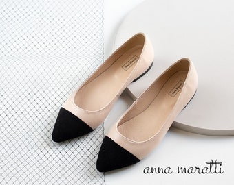 Tilla - two-tone flats,pointed toe flats,beige with black shoes,black toe shoes,women leather shoes,women flats,pointy toe women shoes