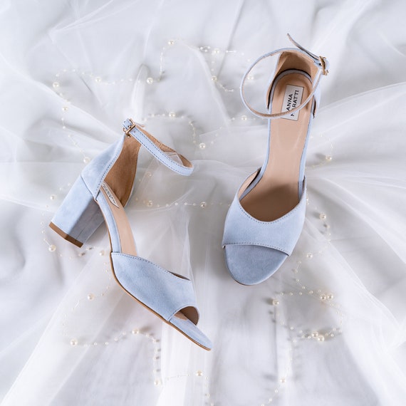 Marita leather blue block heels,Wedding shoes,Wedding heel sandals