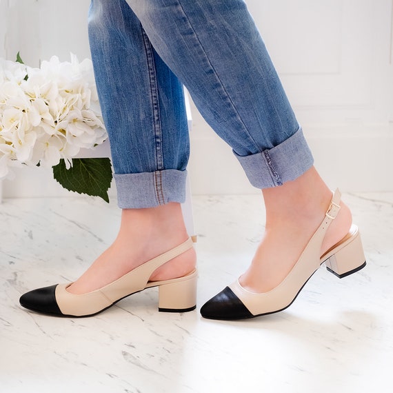 Ella Leather Block Heels,two-tone Pumps,beige With Black Shoes,pointed Toe  Slingback,closed Toe Slingback,black Toe Shoes,women Shoes 