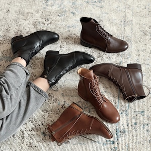 Kaya - Leather Ankle Boots,Brown Zipper Ankle Boots,Black Tie Botties,Minimalist Ankle Boots,Anna Maratti Shoes