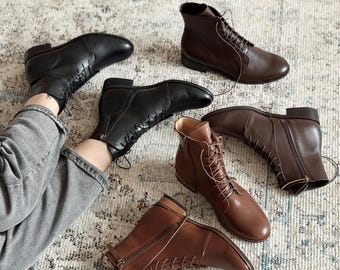 Kaya - Leather Ankle Boots,Brown Zipper Ankle Boots,Black Tie Botties,Minimalist Ankle Boots,Anna Maratti Shoes