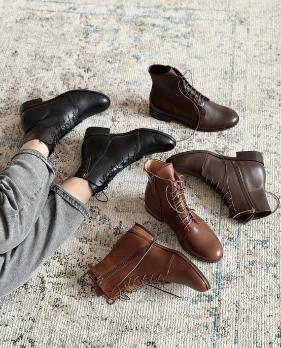 Kaya - Leather Ankle Boots,Brown Zipper Ankle Boots,Black Tie Botties,Minimalist Ankle Boots,Anna Maratti Shoes