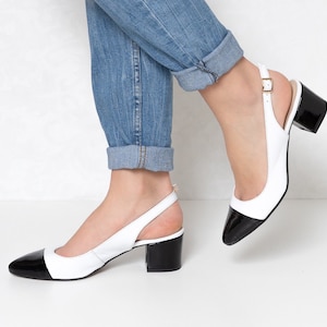 Ella - black and white block heels,two-tone pumps,black toes women shoes,pointed toe slingback,closed toe slingback,black and white shoes