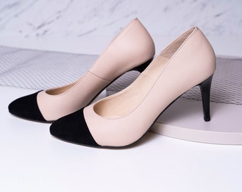 Stella - black pumps,beige black pumps,slim heels,beige black heels,black pumps,black heels,leather heels,black slim heels,leather heels