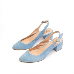 Mila - sale 8 US leather block heels,Pointed toe slingback,Wedding shoes,Blue wedding shoes,Blue block heels,Bridesmaids shoes