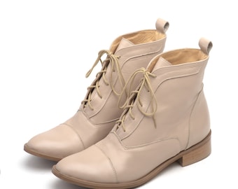 Leather Ankle Boots,Brown Ankle Boots,Beige Tie Botties,Minimalist Ankle Boots,Anna Maratti Shoes, Kala
