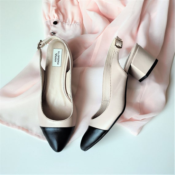 Calla Leather Block Heels,two-tone Pumps,beige With Black Shoes,pointed Toe  Slingback,closed Toe Slingback,black Toe Shoes,women Shoes -  Israel