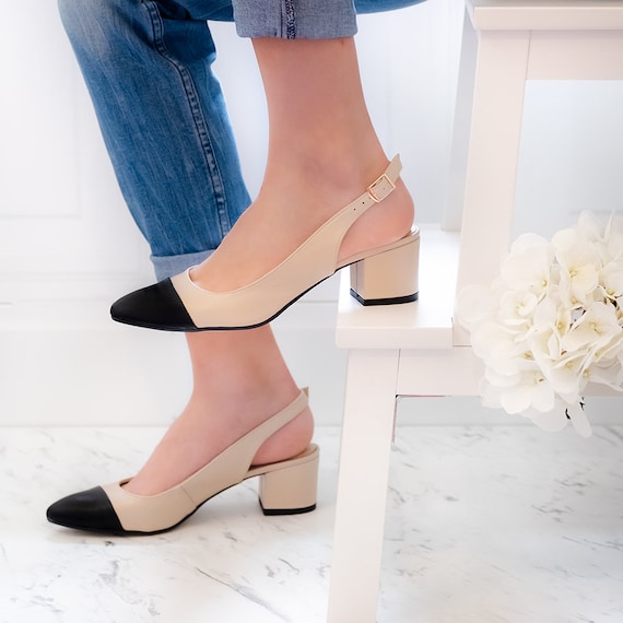 Ella - Leather Block heels,two-tone pumps,beige with Black shoes,pointed Toe slingback,closed Toe slingback,black Toe Shoes,Women Shoes