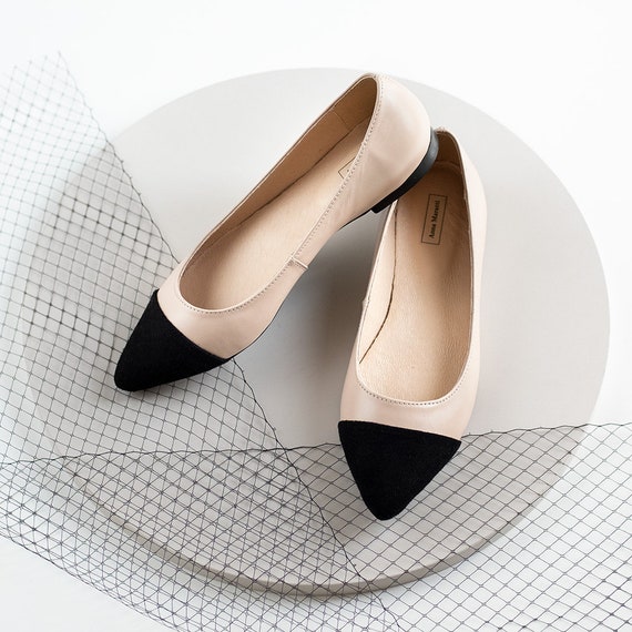Tilla Leather Two tone Flats beige With Black Shoes black Toe