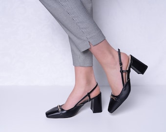 Layla - leather black heels,round toe pumps,black block heels,black slingback,closed toe slingback,black heels,leather women shoes,heels