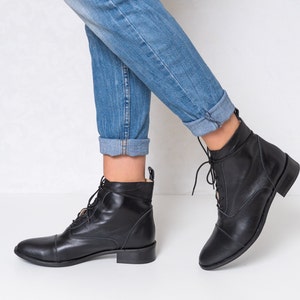 Kaya - leather black ankle boots,women ankle shoes,lace up boots,black women boots,brown women boots,ankle flat boots,women ankle booties