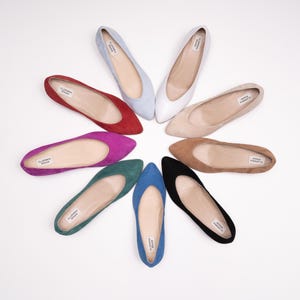 May include: A collection of ten pointed-toe flats in various colours, including red, pink, green, blue, black, and beige. The shoes are arranged in a circle on a white background.