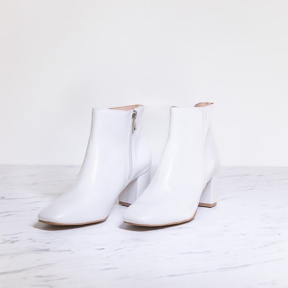 White ankle block heel boots top