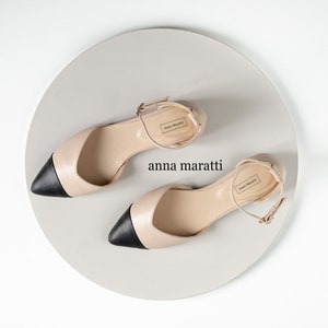Tolla - sale 8 US,Mary Janes shoes,pointed toe flats,two-tone flats,beige flat shoes,black toe shoes,anna maratti,ankle strap women shoes