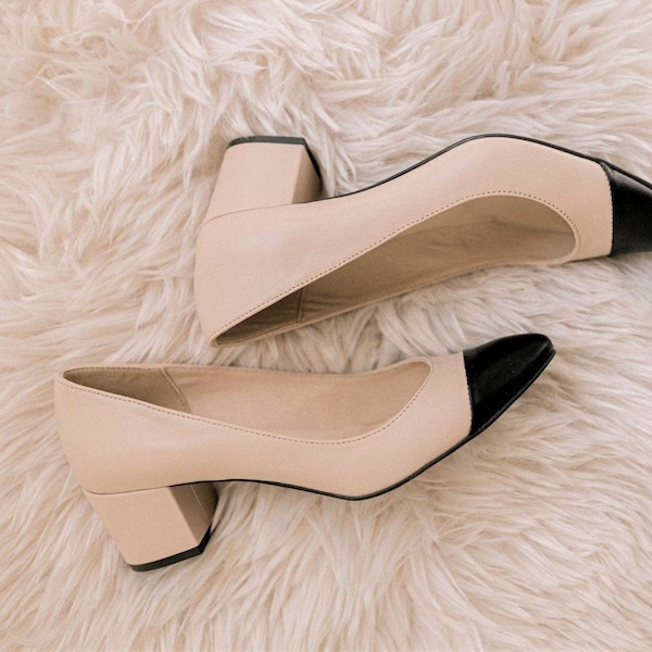 Milla - black toes block heels,two-tone pumps,beige with black shoes,pointed toe pumps,black toe shoes,women shoes,beige black block heels