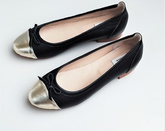 Nada - 8 US listos para enviar, zapatos planos de cuero bicolor, zapatos planos de cuero, zapatos planos negros y dorados, zapatos con puntera negra, zapatos de mujer, zapatos planos de mujer, Anna Maratti