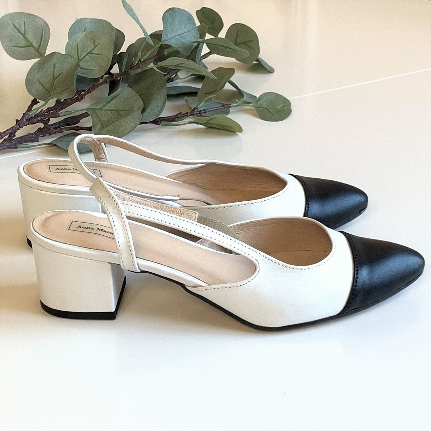 Calla Leather Block Heels,two-tone Pumps,white With Black Shoes,pointed Toe  Slingback,closed Toe Slingback,black Toe Shoes,women Shoes -  Denmark