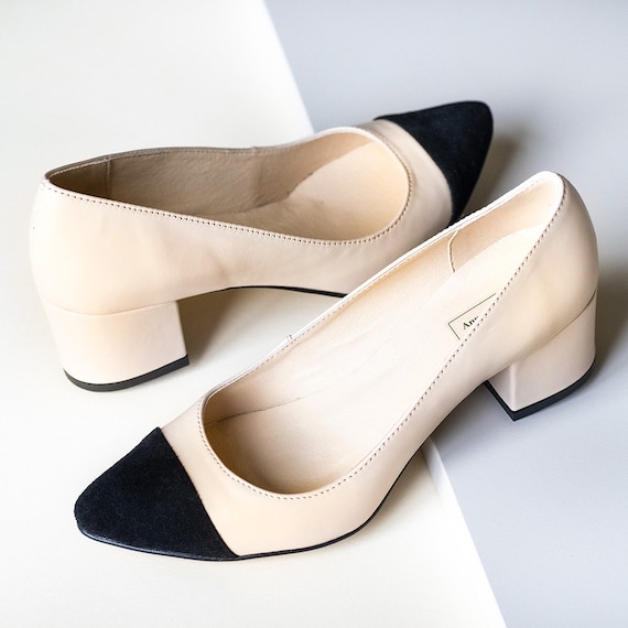 Calla Leather Block Heels,two-tone Pumps,beige With Black Shoes