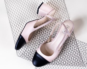 Nella - sale last pairs,block heels,two-tone pumps,beige with black shoes,slingback,closed toe slingback,black toe shoes,anna maratti shoes
