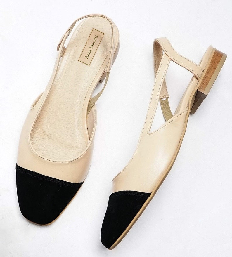 Julla leather flats,two-tone flats,beige with black shoes,leather slingback,closed toe slingback,black toe shoes,women shoes,women flats image 7