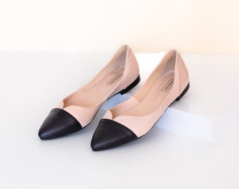 Olla - two-tone flats,pointed toe flats,beige with black shoes,black toe shoes,women leather shoes,women flats,pointy toe women shoes