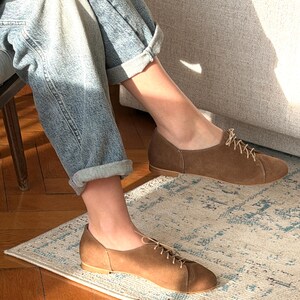 Brown Minimalist Leather Shoes, Suede Women Oxfords, Coco