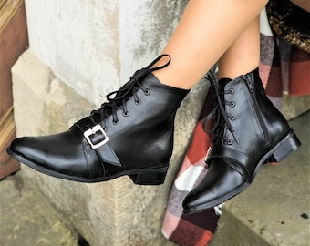 Mela- ankle boots,Leather ankles hoes,Lace up boots,Laced boots,Black women boots,Flat women boots,Ankle flat boots,Leather women boots