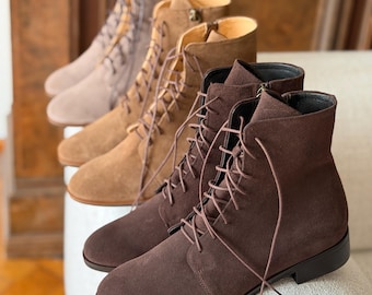 Kaya - Brown Ankle Boots,Lace-Up Velvet Leather Booties,Retro Style Women Boots