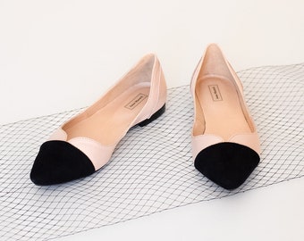 Olla - pointed toe flats,beige black shoes,black toe shoes,women leather shoes,women flats,pointy toe shoes,two-tone flats,leather shoes