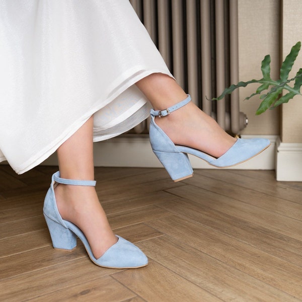 Gina - leather block heels,Women shoes,Velvet block heels,Pointed toe wedding shoes,Bride shoes,Blue wedding shoes,Blue block heels