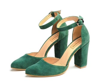 Grace ankle strap block heels Wedding shoes Green block heels Green wedding shoes Green bride shoes Block heel Green wedding sandal heels