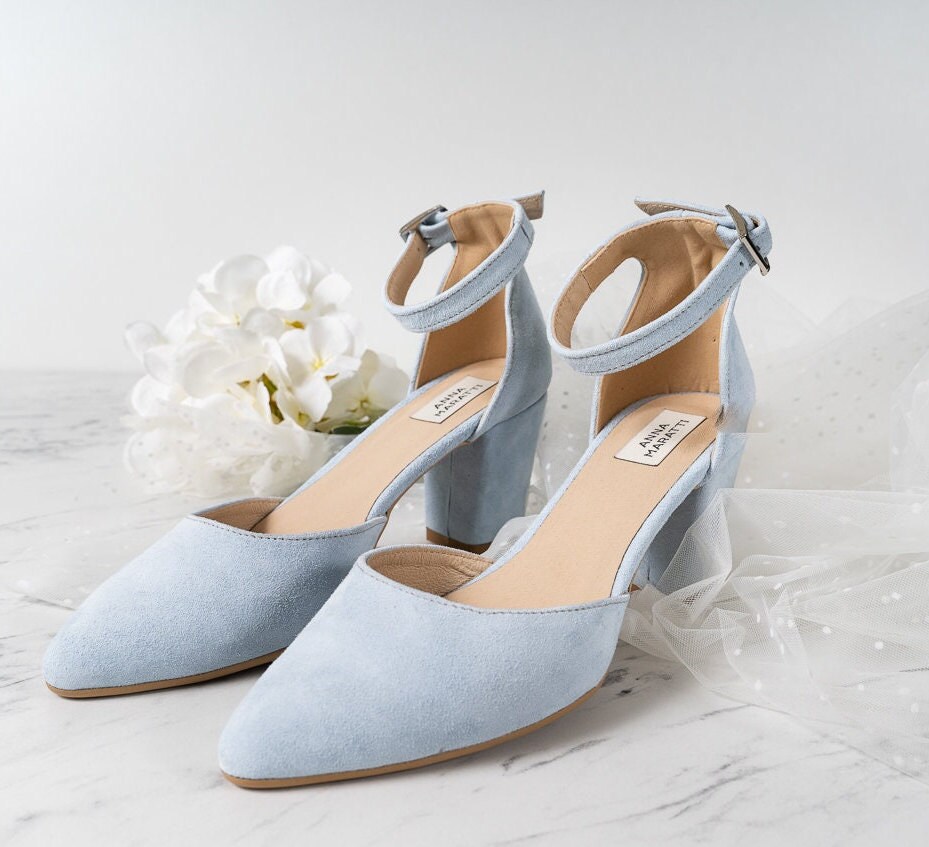 Blue suede block heel pumps hotsell