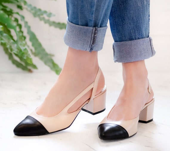 Calla Leather Block Heels,two-tone Pumps,beige With Black Shoes,pointed Toe  Slingback,closed Toe Slingback,black Toe Shoes,women Shoes -  Israel