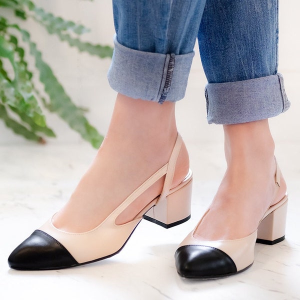 Calla - leather block heels,two-tone pumps,beige with black shoes,pointed toe slingback,closed toe slingback,black toe shoes,women shoes