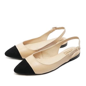 Ulla - leather pointed toe flats,two-tone flats,beige flat shoes,pointed toe slingback,closed toe slingback,black toe shoes,women shoes