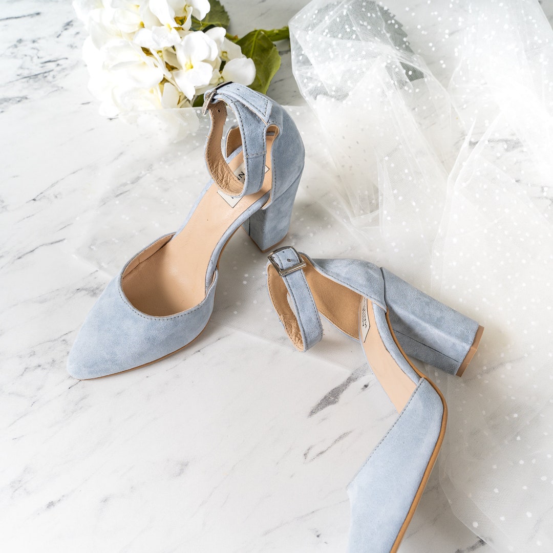 Grey ankle clearance strap block heels