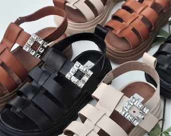 Pola - pronti per la spedizione, sandali con plateau, sandali in pelle, sandali greci, sandali con strass, sandali neri, Anna Maratti, sandali color cognac