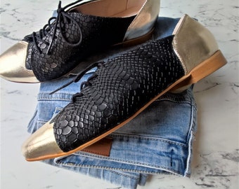 Coco - 8 US Oxfords negros y dorados, zapatos de corbata para mujer, Oxfords para mujer, zapatos con cordones para mujer, Oxfords negros, zapatos de corbata negros, zapatos Anna Maratti