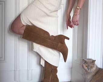 Cleo - Cognac Leather Knee High Boots, Small Heels High Boots,Brown Heels High Booties, Brown Knee High Boots with small heels,Anna Maratti