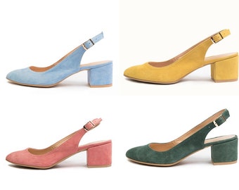 Mila - leather block heels,Pointed toe slingback,Wedding shoes,Yellow block heels,Closed toe slingback,Green block heels,Camel block heels