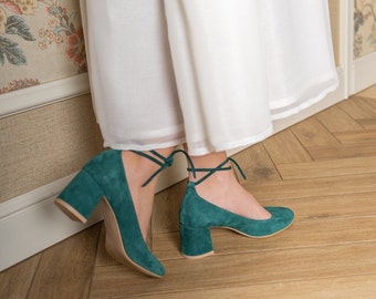 Nati - ankle tie block heels,Wedding block heels,Blue block heels,Ankle tie wedding shoes,Blue wedding shoes,Pointed toe wedding shoes